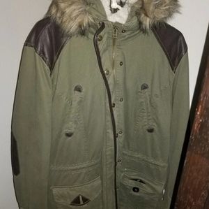 Army Green Coat with Faux fur hood